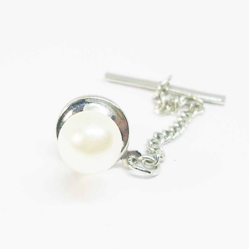 Pearl Tie Tack with Chain classic Necktie Holder vintage Men Wedding Jewelry